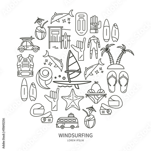 Windsurfing line icons in the form of circle