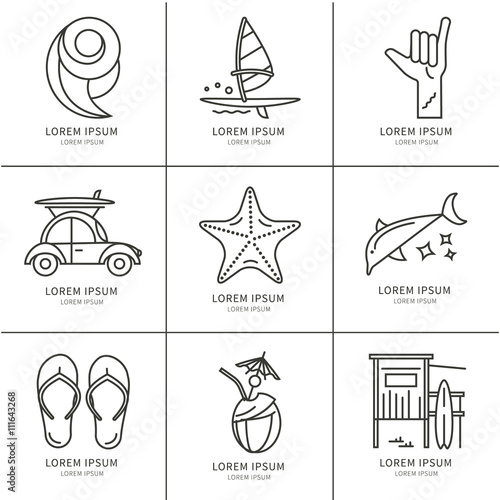 Windsurfing linear icons set