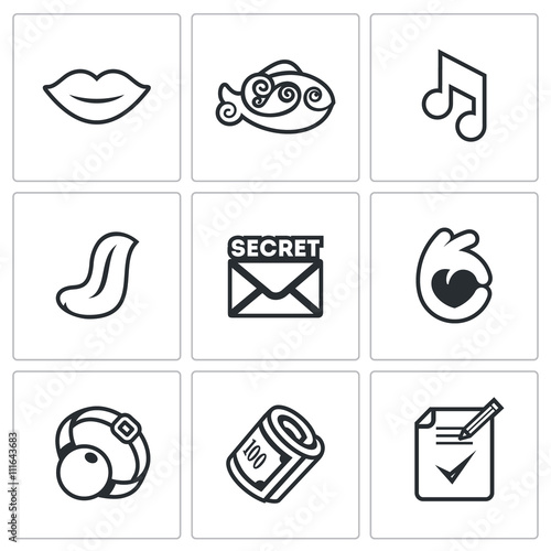 Vector Set of Silence Icons. Muteness, fish, sound, language, secret, gesture, gag, bribe, document on the non-disclosure. photo
