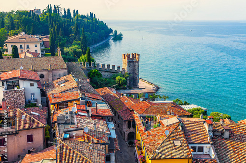 View of the Italian town of Sirmione and Lake Garda from the tower Scaliger
