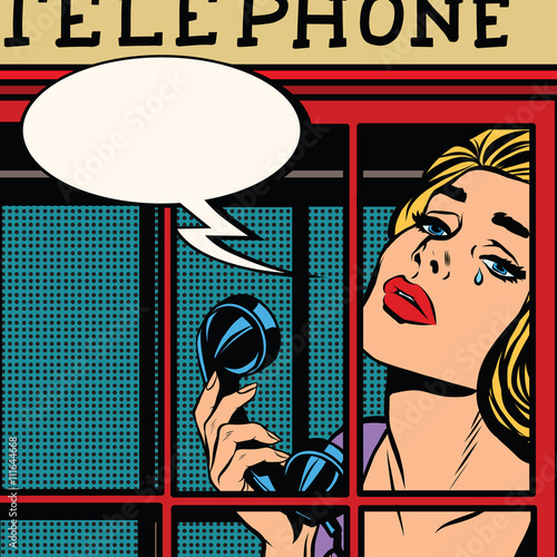 girl crying in the red telephone booth retro