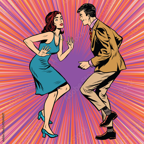 Retro man and woman dancing pop art