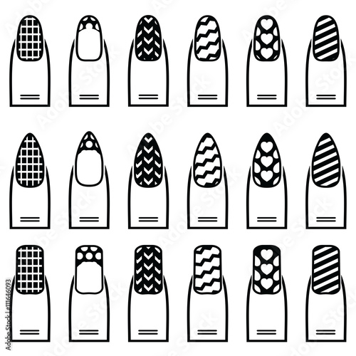Female manicure  gel & hybrid nails  including shapes like almond, square, rounded nails with plain nail polish, French manicure, zig zag , waves,  decorative dots, hearts diagonal lines monochrome 

