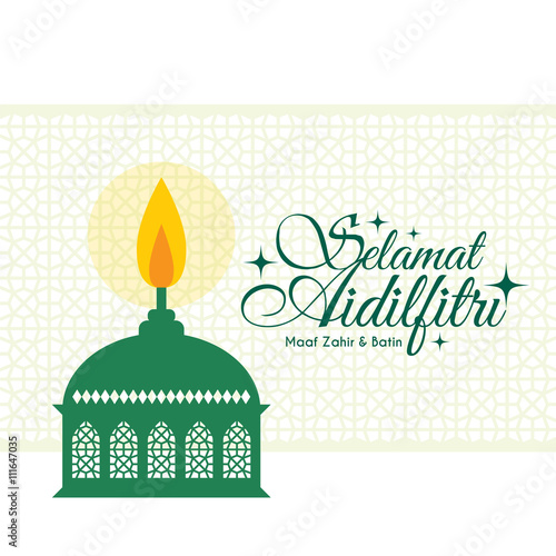 Vector muslim oil lamp- pelita with islamic pattern background. Selamat Aidilfitri greeting card. (caption: Fasting Day of Celebration, I seek forgiveness (from you) physically and spiritually)