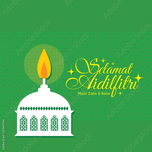 Vector muslim oil lamp- pelita with islamic pattern background. Selamat Aidilfitri greeting card. (caption: Fasting Day of Celebration, I seek forgiveness (from you) physically and spiritually)