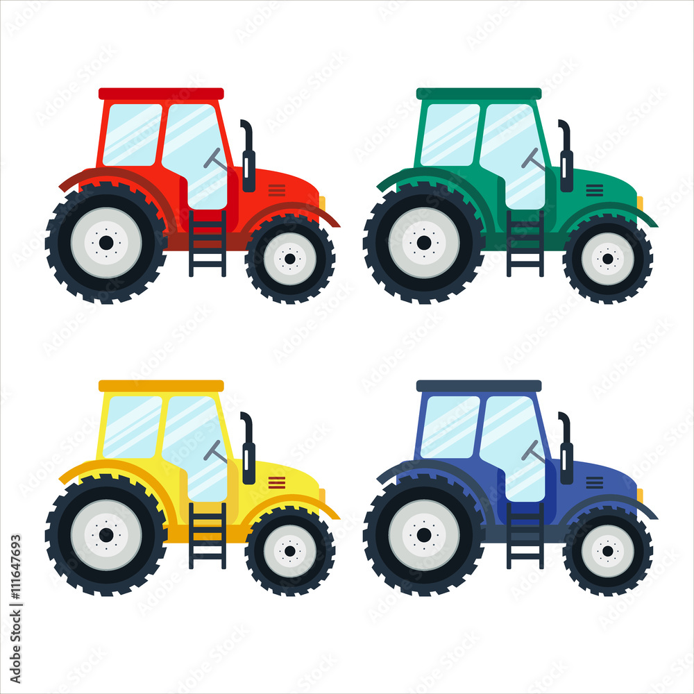 Obraz premium Colorful tractors on white background. Tractors in flat style. Agricultural tractor. Agricultural vehicle and farm machine. Tractor illustration-business concept. Agriculture machinery.