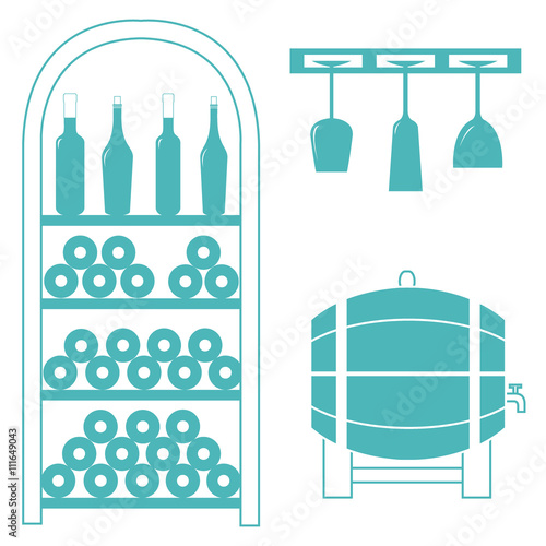 Stylized icon of a colored wine rack  bottles of wine  wine glas