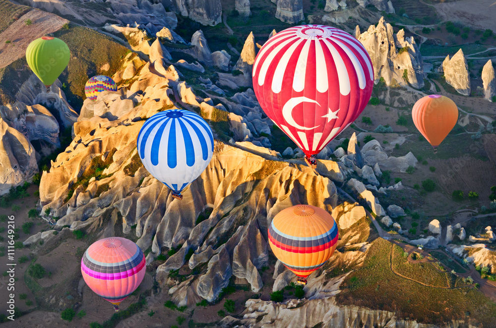 Fototapeta premium Hot air balloons over mountain landscape in Cappadocia, Turkey