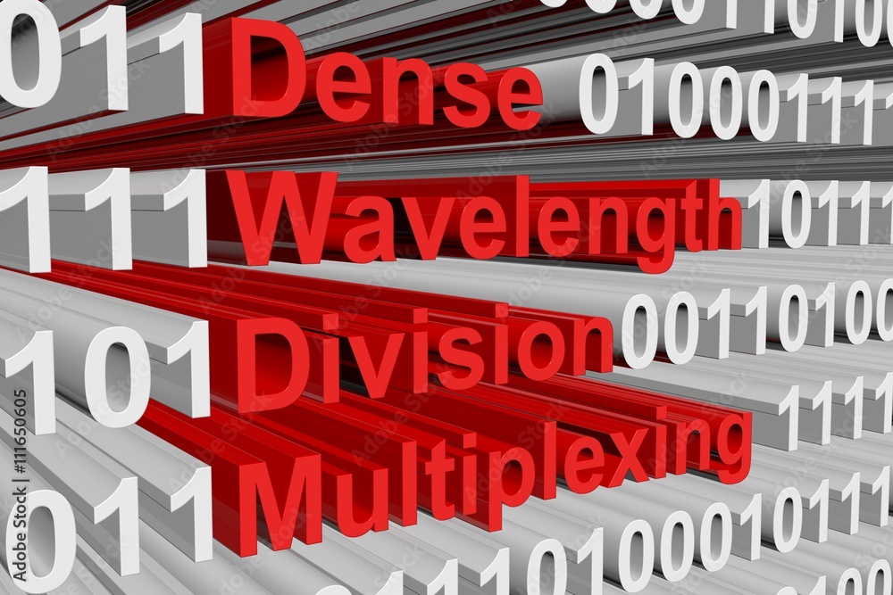 Dense Wavelength Division Multiplexing in the form of binary code, 3D illustration Dense Wavelength Division Multiplexing in the form of binary code, 3D illustration