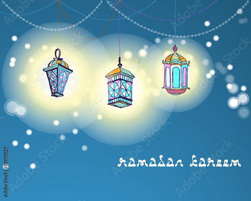 Three Arabic Lanterns or Fanous hanging on threads and shine. Bright stains background. Hand drawn greeting card for Ramadan Kareem, Eid Mubarak