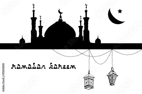 Two Arabic Lanterns or Fanous hanging on threads, Moon Crescent, Star and Mosque with minarets. Vecrot Black silhouettes isolated on white background - elements for Ramadan Kareem celebration