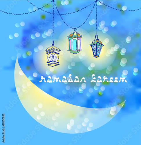 Three Arabic Lanterns or Fanous hanging on threads and shine. Crescent moon shines in the sky. Greeting card for Ramadan Kareem, Eid Mubarak