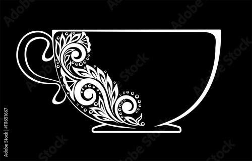 Beautiful cup, decorated with black and white floral ornament isolated.