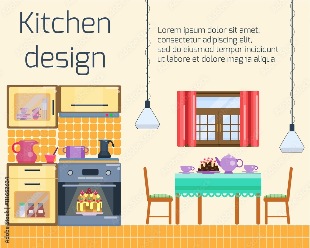 Kitchen design. Kitchen and dining room interior with utensils, appliances and furniture. Stove and oven, dining table  and two chairs. Flat home interior. Vector cartoon illustration