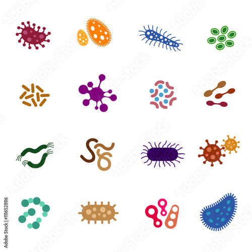 Virus, bacteria and biology microorganisms flat icons. Infectious bacteria and virus vector signs photo
