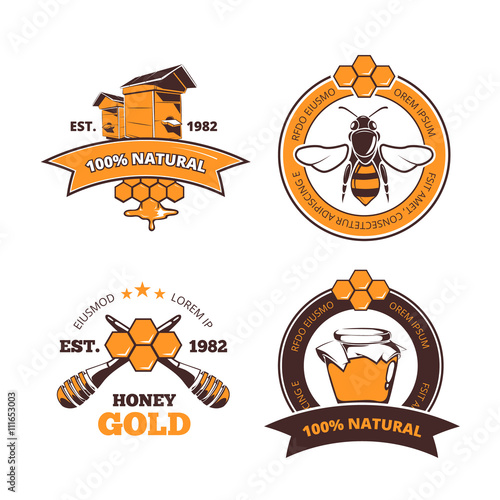 Retro beekeeper, honey vector labels or badges. Honey logo with beehive farm. Quality natural and sweet honey emblems