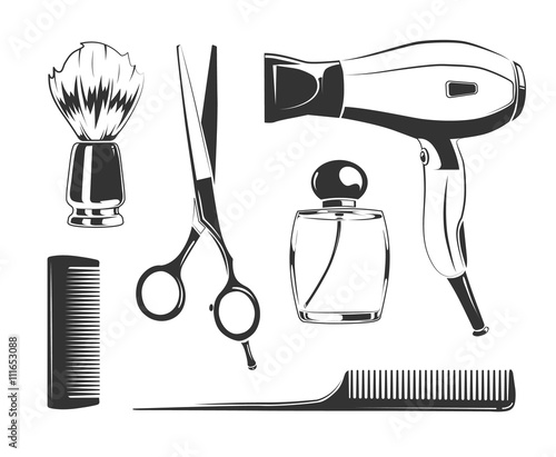 Vector black elements for barber shop labels. Comb and scissors, hair dryer and shaving brush vector silhouettes