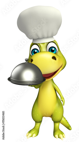 Dinosaur cartoon character with cloche and chef hat