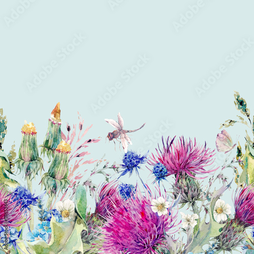 Summer watercolor seamless floral border with wild flowers