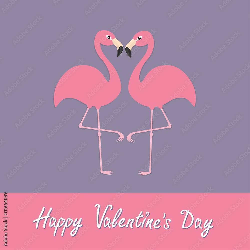 Obraz premium Happy Valentines day. Pink flamingo couple neck heart shape. Exotic tropical bird. Zoo animal collection. Cute cartoon character. Love greeting card. Decoration Flat design. Violet background.