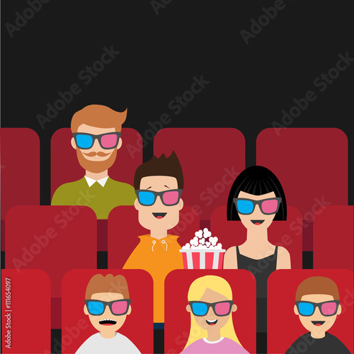 People sitting in movie theater eating popcorn. Love couple, kids, man, children. Film show Cinema background. Viewers watching movie in 3D glasses. Red seats hall. Flat design