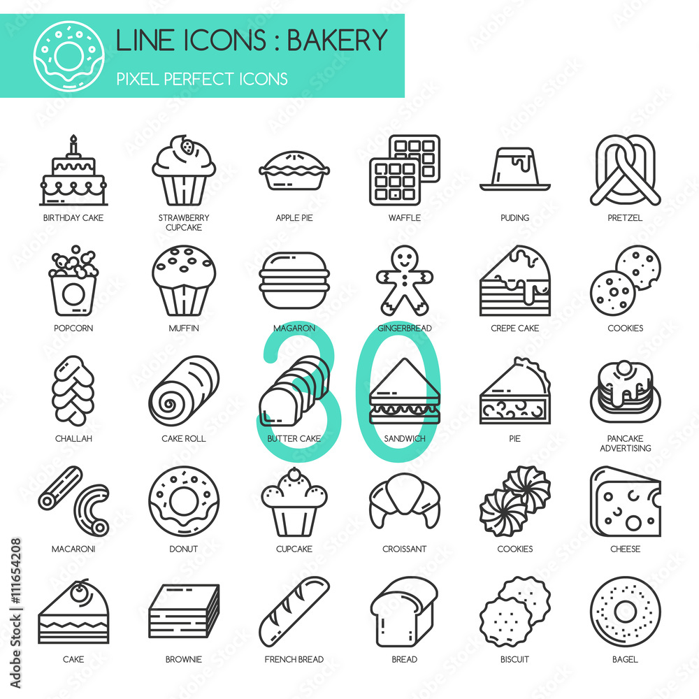 Bakery , thin line icons set, Pixel perfect icons