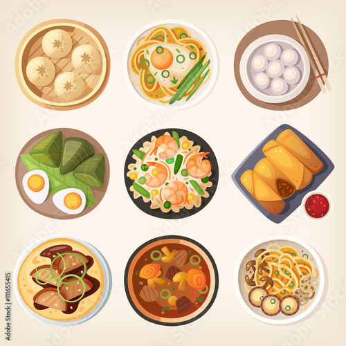 Chinese street, restaraunt or homemade food icons for ethnic menu
