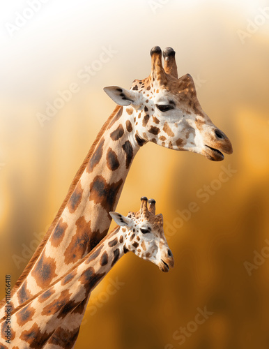 Mother and baby giraffe on the natural background 