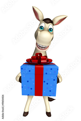 fun  Donkey cartoon character  with gift box © visible3dscience