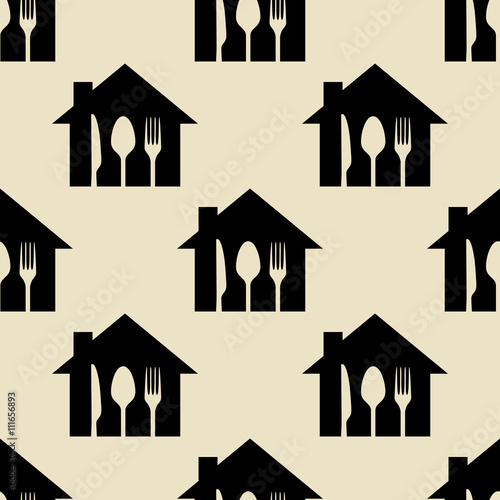 Icono plano patrón con casa con cubiertos sobre fondo beige