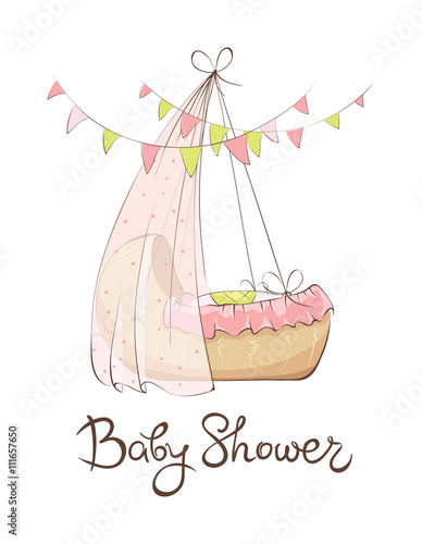 Baby shower card/Suspended cradle with a baby girl