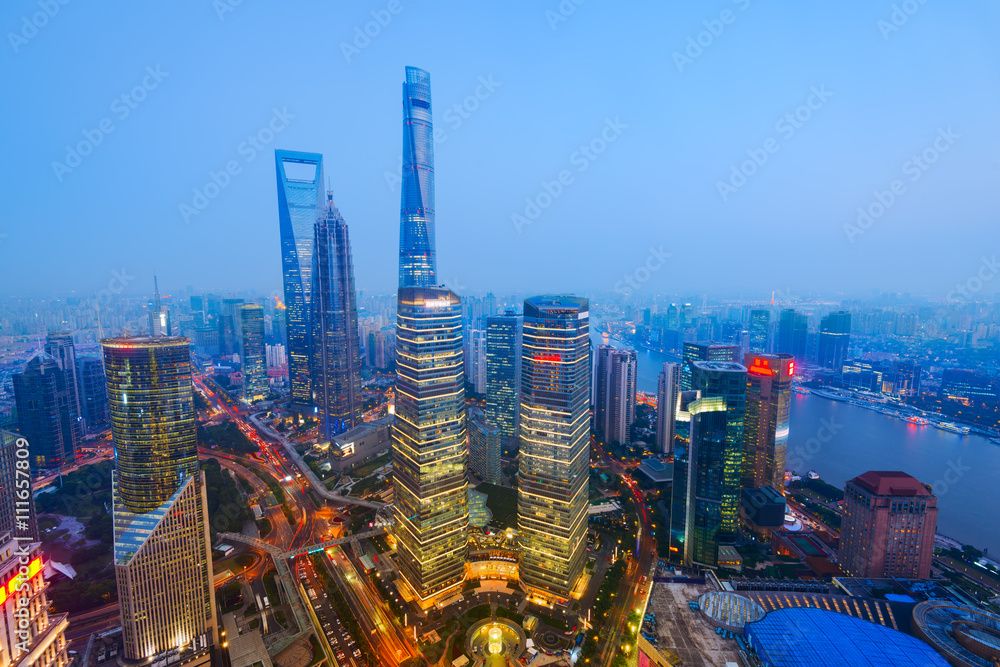 Fototapeta premium Elevated view of Lujiazui, shanghai - China. Since the early 1990s, Lujiazui has been developed specifically as a new financial district of Shanghai.