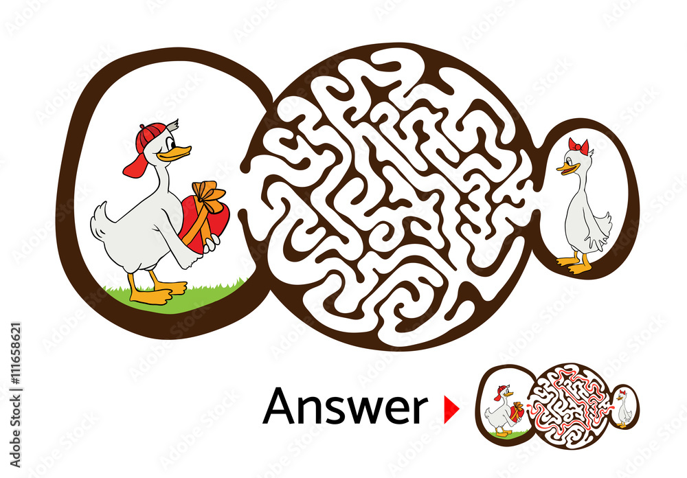 Maze puzzle for kids, labyrinth illustration with solution.