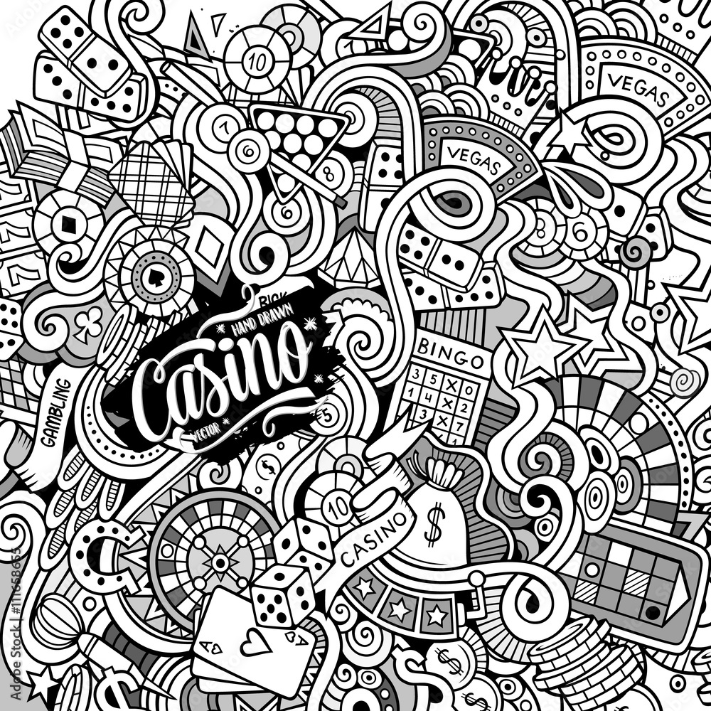 Cartoon hand-drawn doodles casino, gambling illustration Cartoon hand-drawn doodles casino, gambling illustration