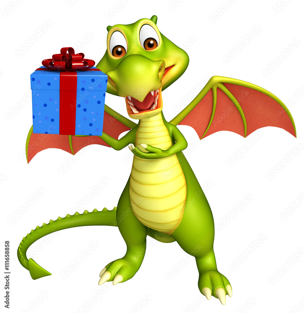 Fototapeta premium Dragon cartoon character with gift box