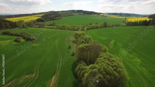 Aerial video of western Bohemia countryside with trees, meadows and colza field