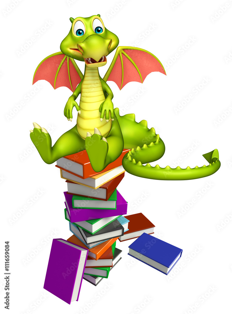 Naklejka premium cute Dragon cartoon character with book stack
