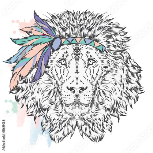 Fototapeta Naklejka Na Ścianę i Meble -  Lion in the Indian dressing with feathers . The leader of the tribe. Vector illustration for greeting cards , posters or prints on clothes and accessories .