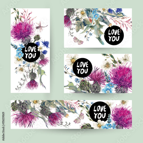 Vintage templates set herbal greeting card. 
