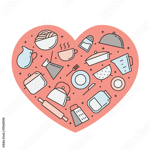 Crockery and cooking multicolored heart illustration. Clean and simple outline design.