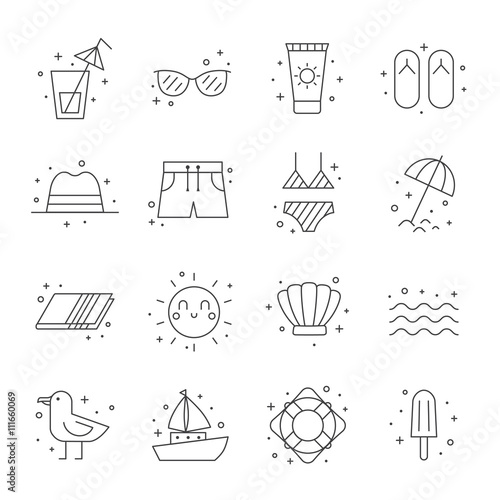 Summer beach icon set. Clean and simple outline design.
