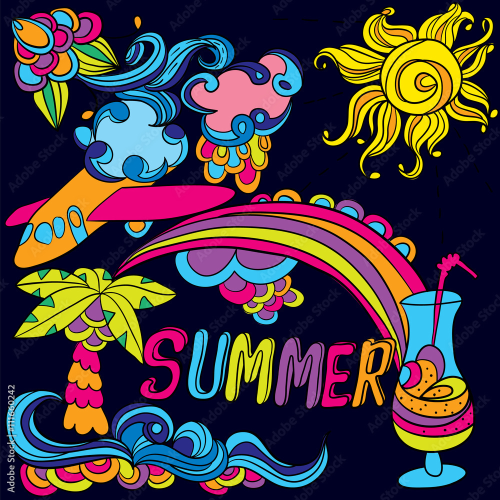 Vector illustration of a summer theme. Postcard or poster . Vector Doodles . Vacation . Design elements .
