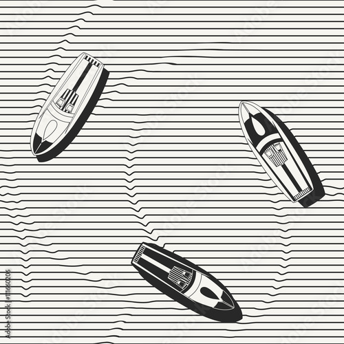 Vector seamless pattern. Hand drawn speedboats in the sea - monochrome repeating background for fabric, wallpapers and prints. Isolated vector illustration.