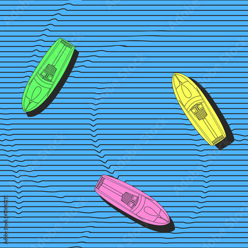 Hand drawn colorful boats on the sea surface, vector seamless pattern. Repeating elegant background with marine theme for wallpapers, textile or wrapping paper.  Isolated vector illustration.