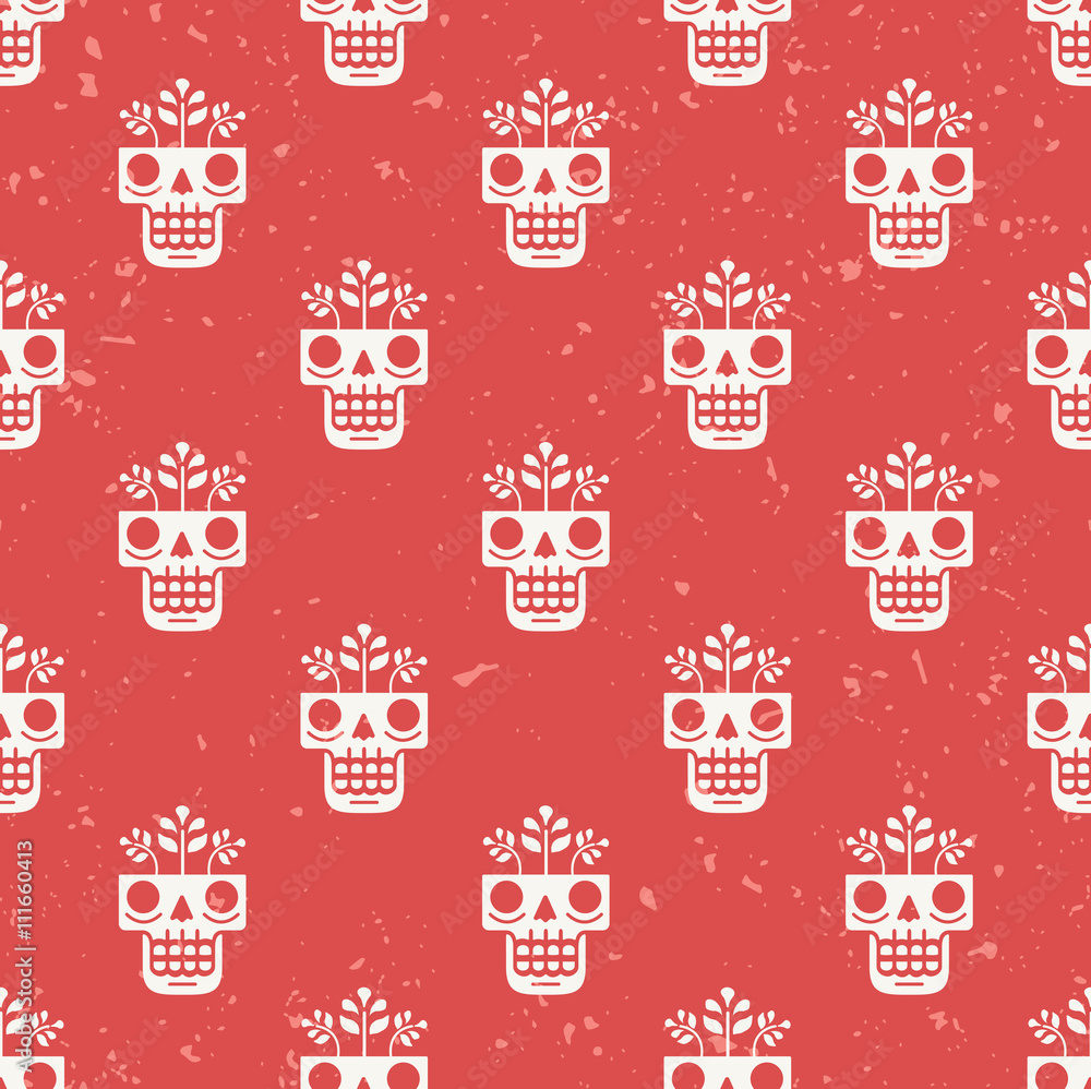 Hand drawn skull with flowers growing through it seamless pattern. Concept of eternal life illustration in traditional Mexican art style. Repeating modern red background for textile or wrapping paper. Hand drawn skull with flowers growing through it seamless pattern. Concept of eternal life illustration in traditional Mexican art style. Repeating modern red background for textile or wrapping paper.