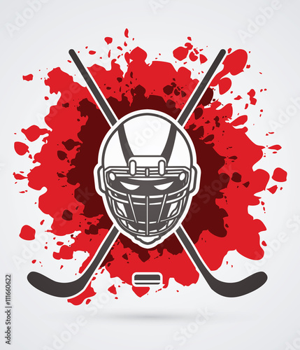 Hockey helmet designed on splash blood background graphic vector.
