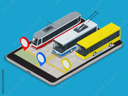 Public Transport trolleybus, bus, tram . Online Schedule App for tablet. Flat 3d vector isometric illustration
