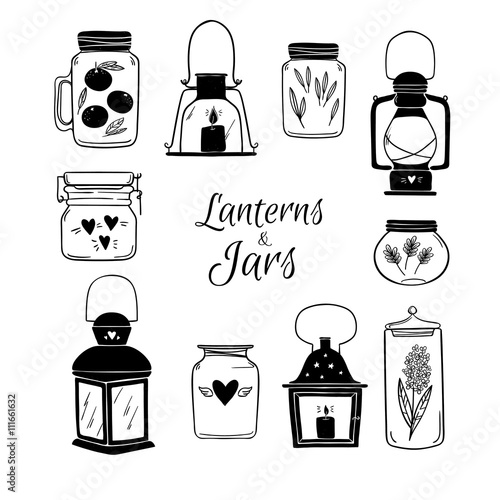 Hand drawn vector illustration - Set of Lanterns and Jars. Desig