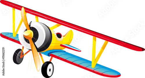 brightly colored retro classic biplane in flight. Isolated on white