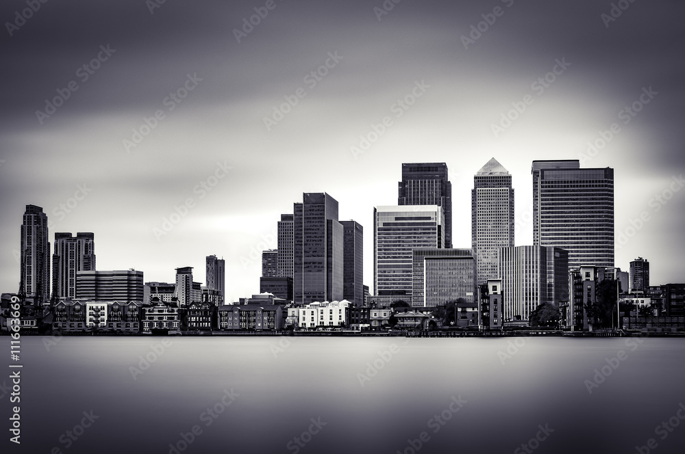 Black and White panoramic view of Canary Wharf, the financial district in London.